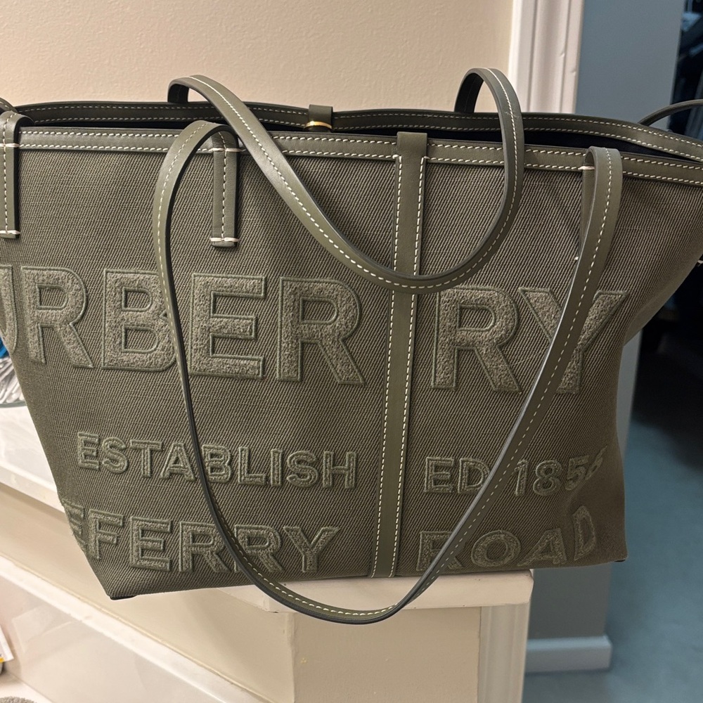 Burberry Khaki Embossed Logo Tote